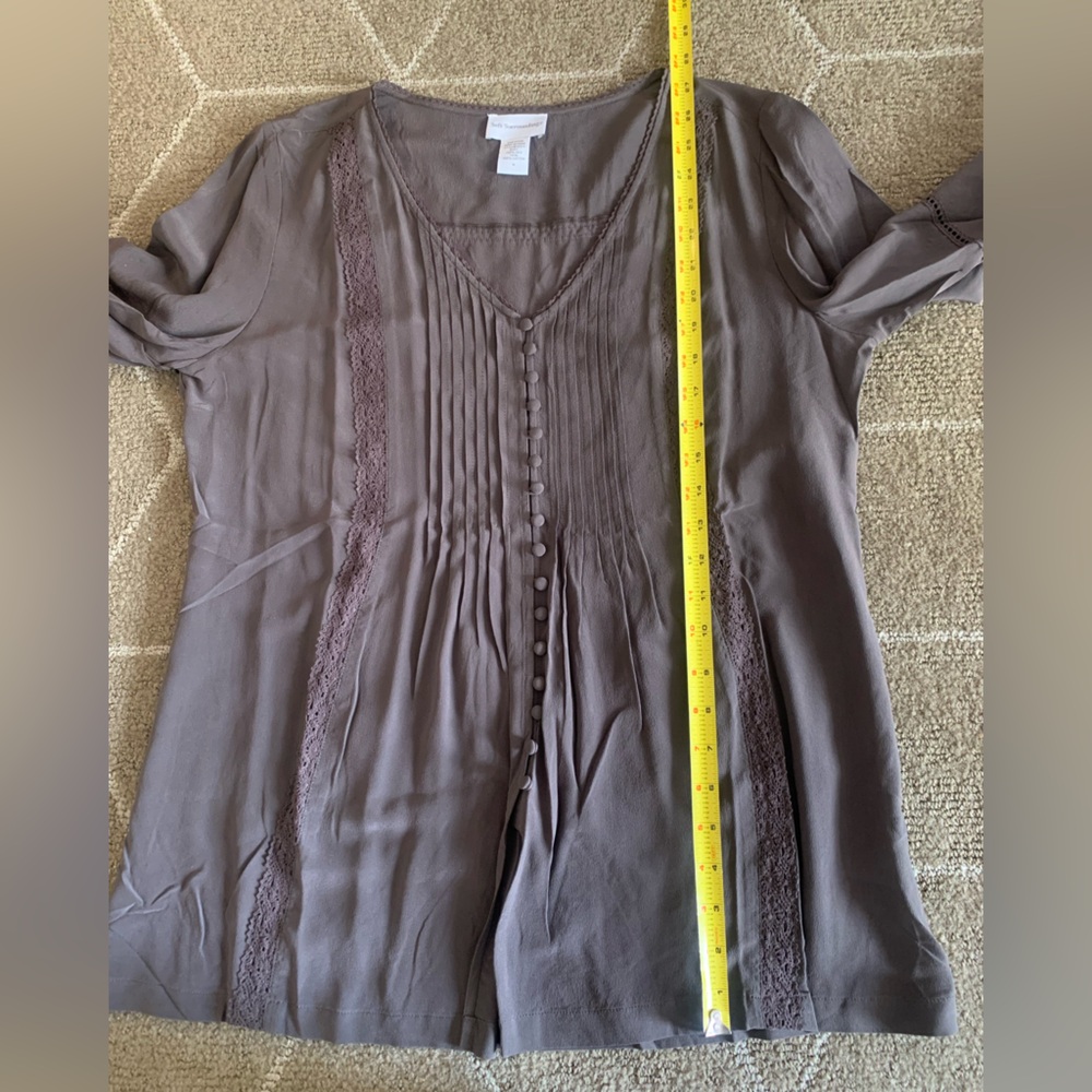 Soft Surroundings M Tunic Top Brown Silk Peasant Button Down Long Sleeve Pintuck - Picture 7 of 9